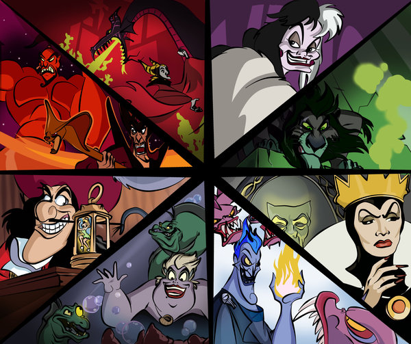 Clockwise, TOP L-to-R: Maleficent, Cruella de Vil, Scar, The Evil Queen, Hades, Ursula, Hook, Jafar